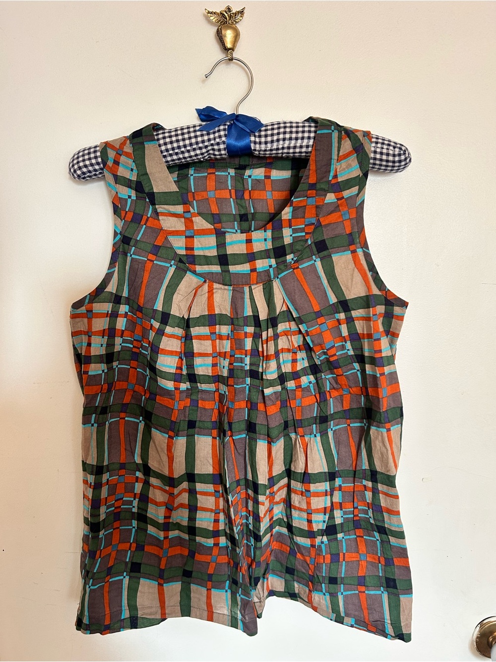 Y2k cotton women’s Plaid Sleeveless top- Green & Orange, size small/medium